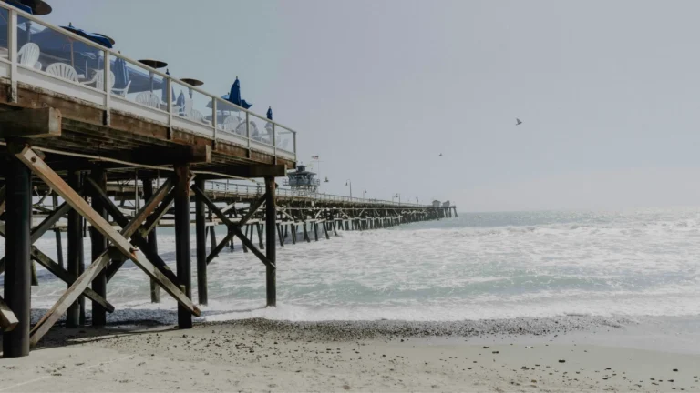 there is a pier with a few people on it and a surfboard