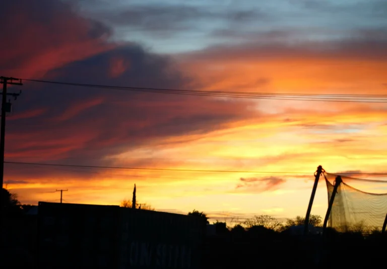 sunset with a net in the foreground and power lines in the background