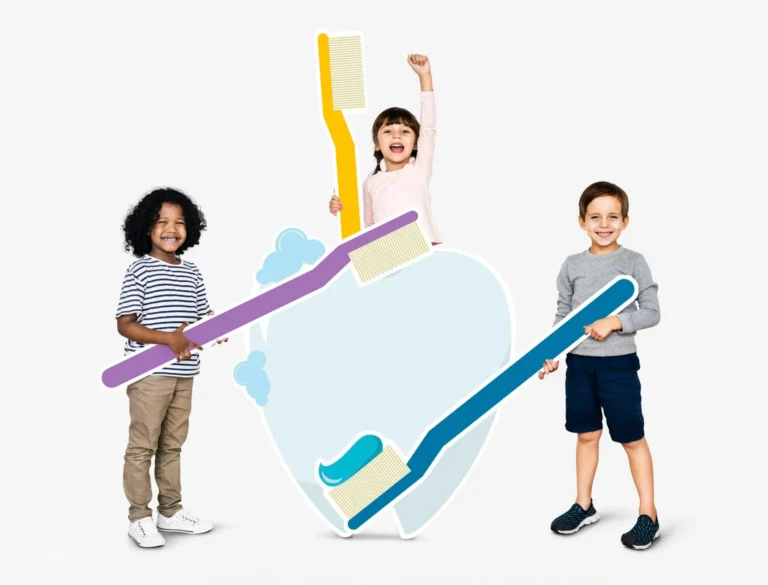 there are two children standing next to a toothbrush and toothpaste