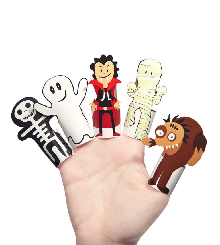 someone is holding a hand with five different paper puppets