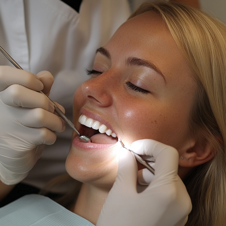 arafed woman getting her teeth brushed by a dentist