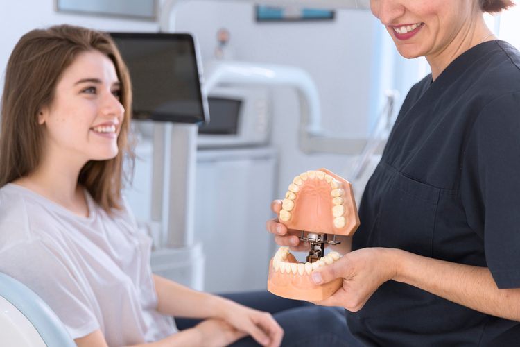 woman holding a model of a teeth with a dental assistant