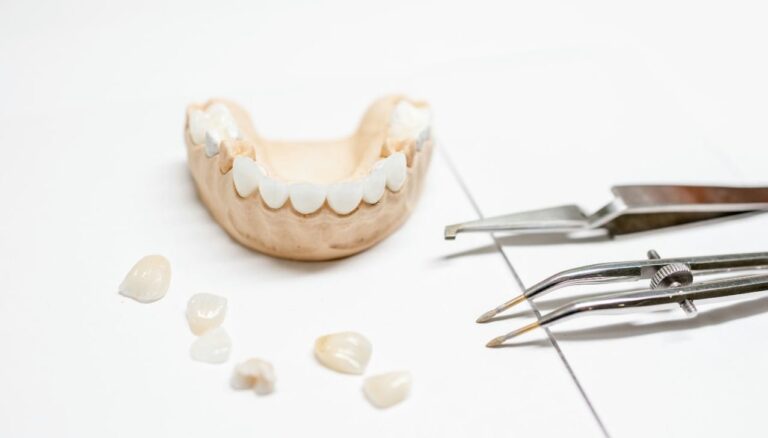 a close up of a toothbrush, dental instruments and a model of a jaw